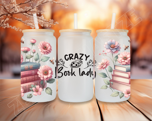 Buch Trinkglas „crazy book lady“, Kaffeeglas mit Bambusdeckel und Strohhalm