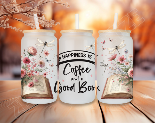 Buch Trinkglas „Happiness is Coffee and a Good Book“, Kaffeeglas mit Bambusdeckel und Strohhalm