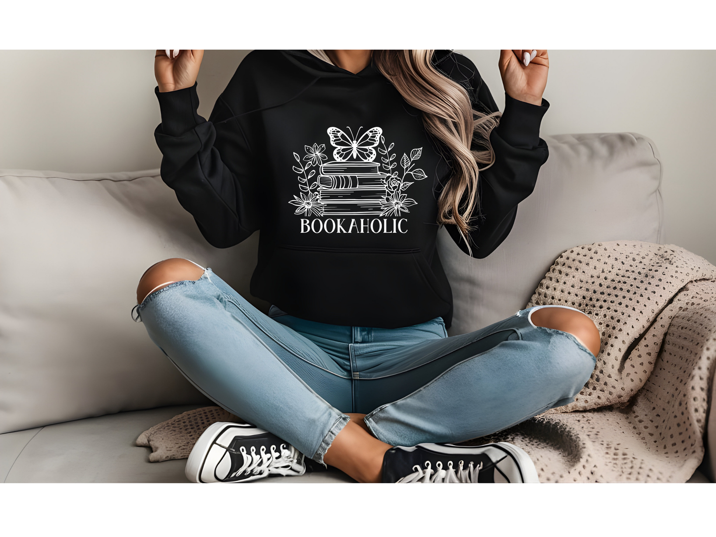 Bookaholic Hoodie mit Bücherstapel